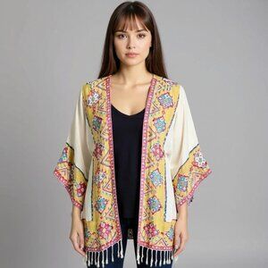 Time for Me Bohemian Aztec Print Fringed Kimono Flowy Duster Size Medium